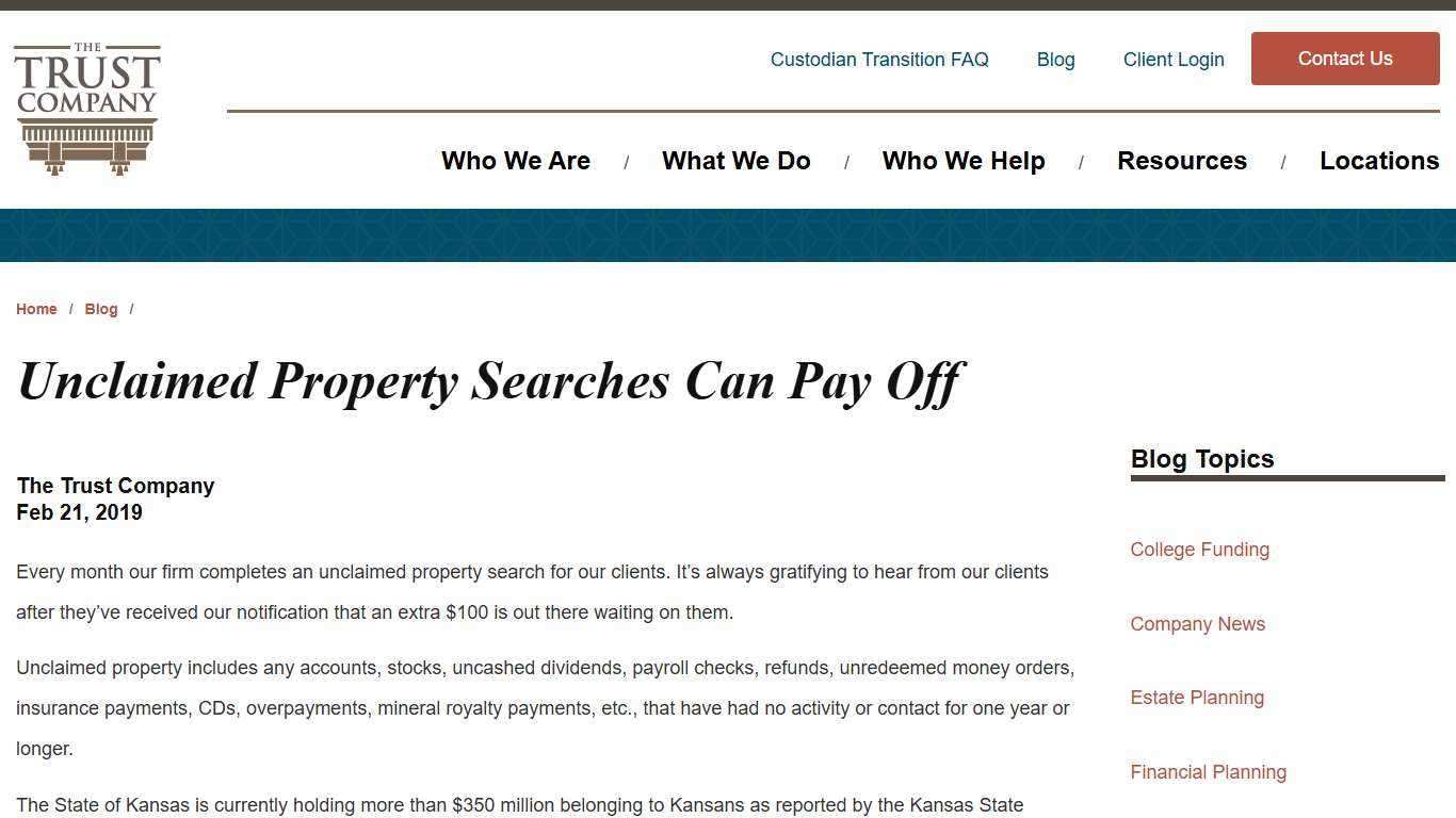 Unclaimed Property Searches Can Pay Off | The Trust Company