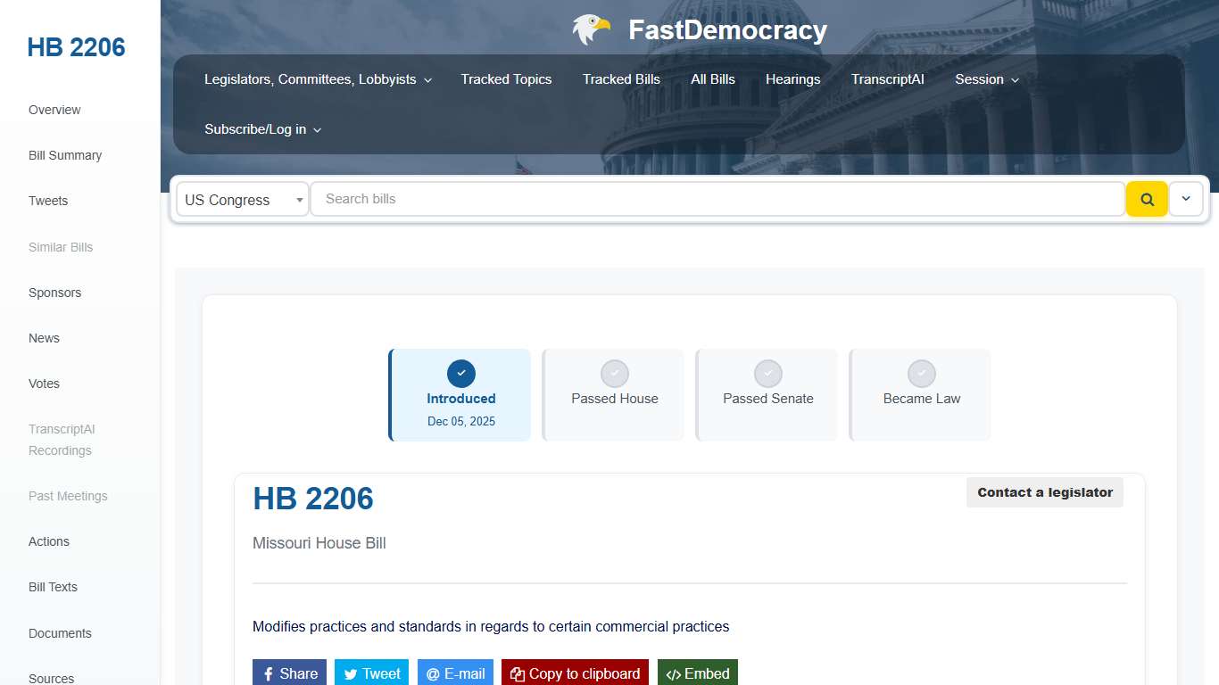 Bill tracking in Missouri - HB 2206 (2026 legislative session) - FastDemocracy