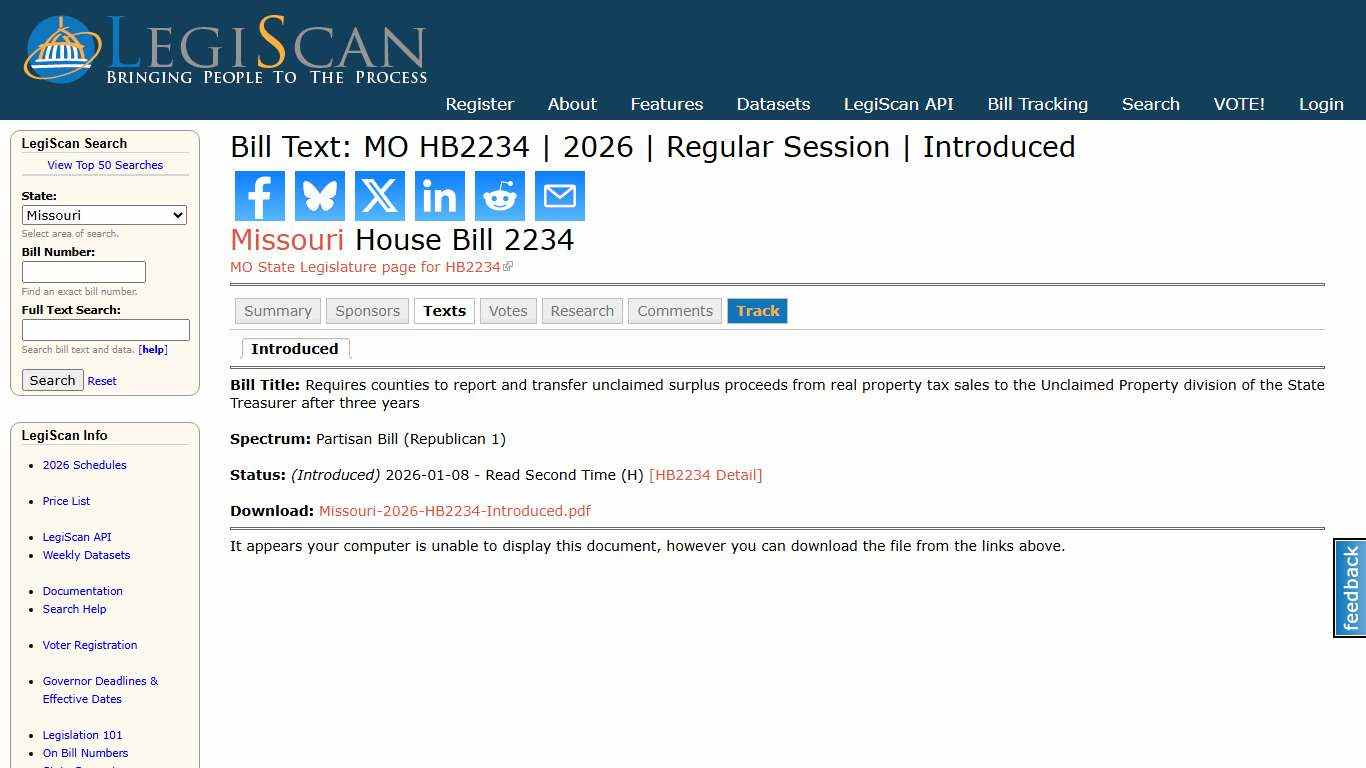 Bill Text: MO HB2234 | 2026 | Regular Session | Introduced | LegiScan
