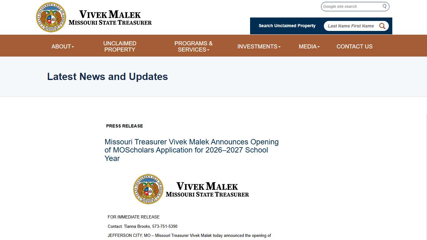 Missouri State Treasurer's Office - News and Events: Press Release